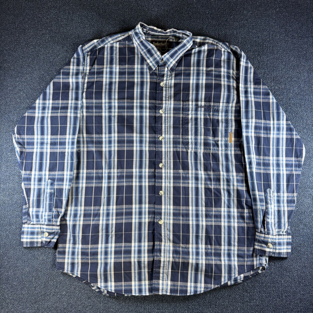 Timberland Weathergear Plaid Button Down Shirt Mens L 23in Pit Blue Cotton